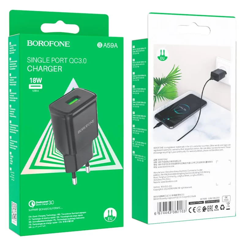 Caja de Cargador Carga Rapida Tipo-USB QC3.0 18W Borofone BA59A - Imagen 2