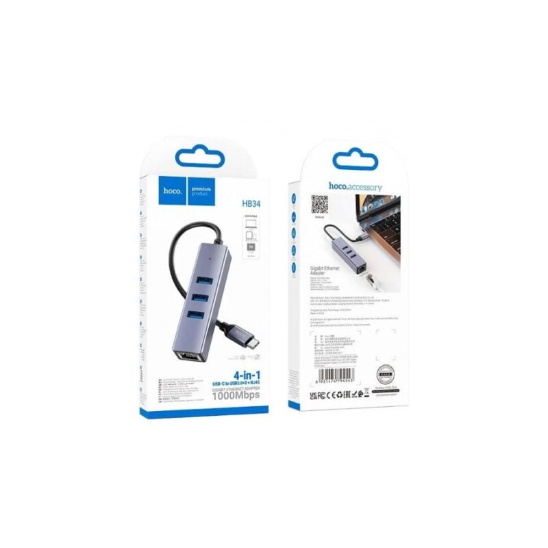Extensor de USB-C a USB3.0x3 + RJ45 Hembra 1000Mbps 4-en-1 Hoco HB34 - Imagen 2